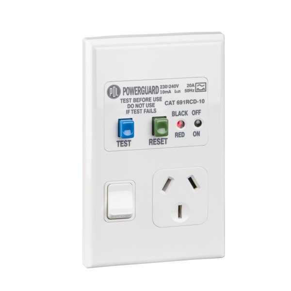 10mA RCD PROTECTED SINGLE VERTICAL SWITCH SOCKET 10A WHITE