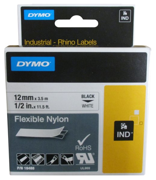 Rhino Industrial Flexible Nylon Label 12mm x3.5m, Black Text on White Label