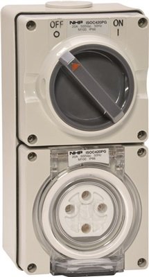 SWITCHED OUTLET 4 ROUND PINS 20A 500V AC GREY