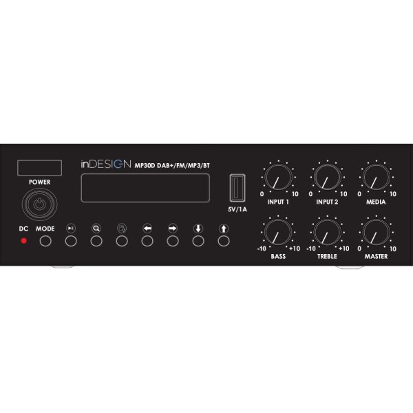 30W,100V line mixer amp with built in FM tuner and DAB radio, MP3 player and Bluetooth receiver. Also operates on 24VDC as well as 240VAC.